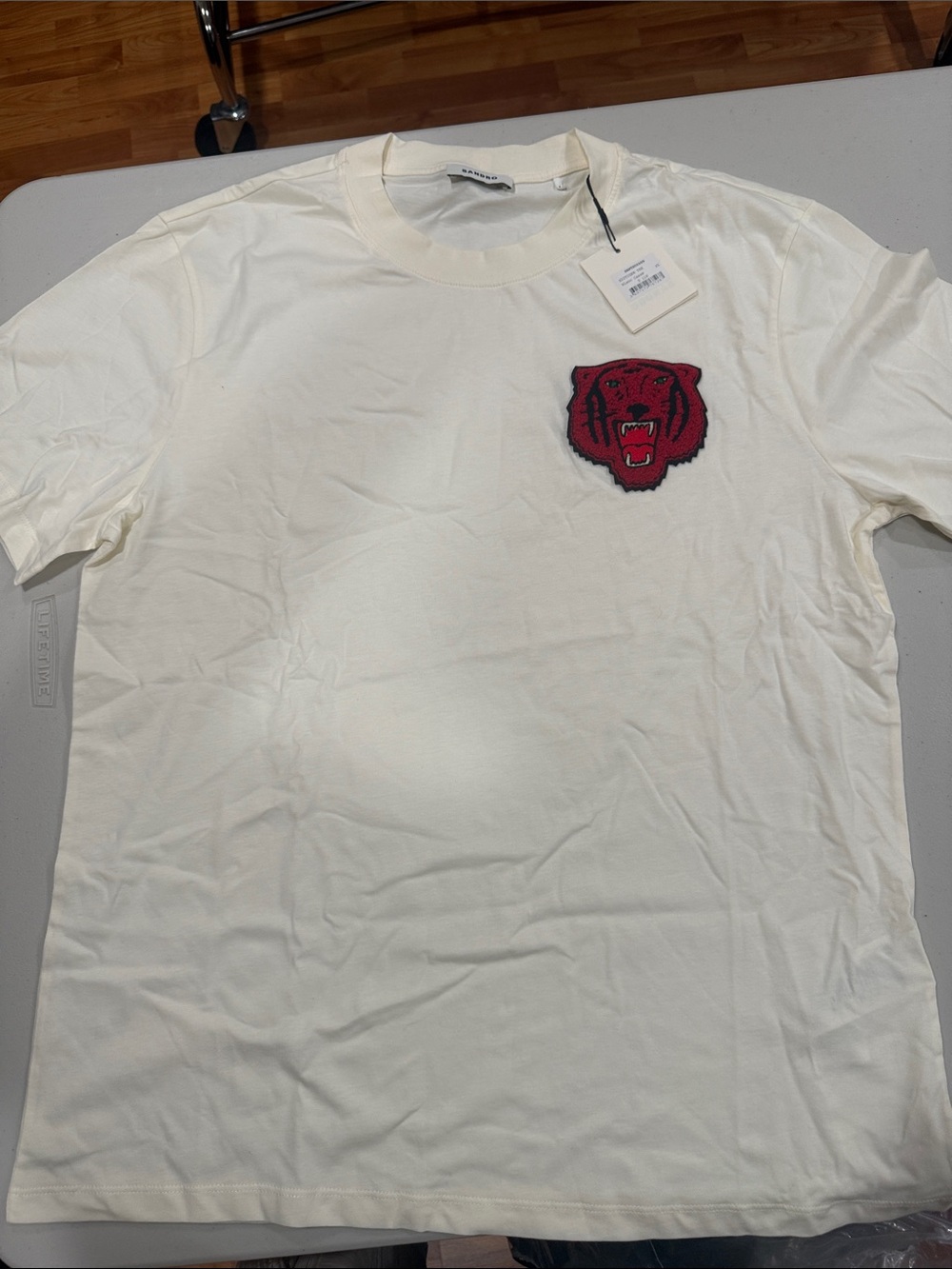 Sandro Cream Short-Sleeve T-Shirt with Red Bear Patch